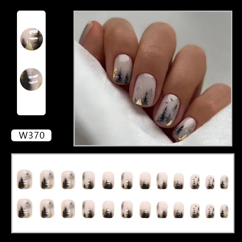 Dark Blue Cat Eyes 24 Pcs Press on Nails Pink Gradient Fake Nails Glossy Artificial Finger Manicure Reusable False Nails