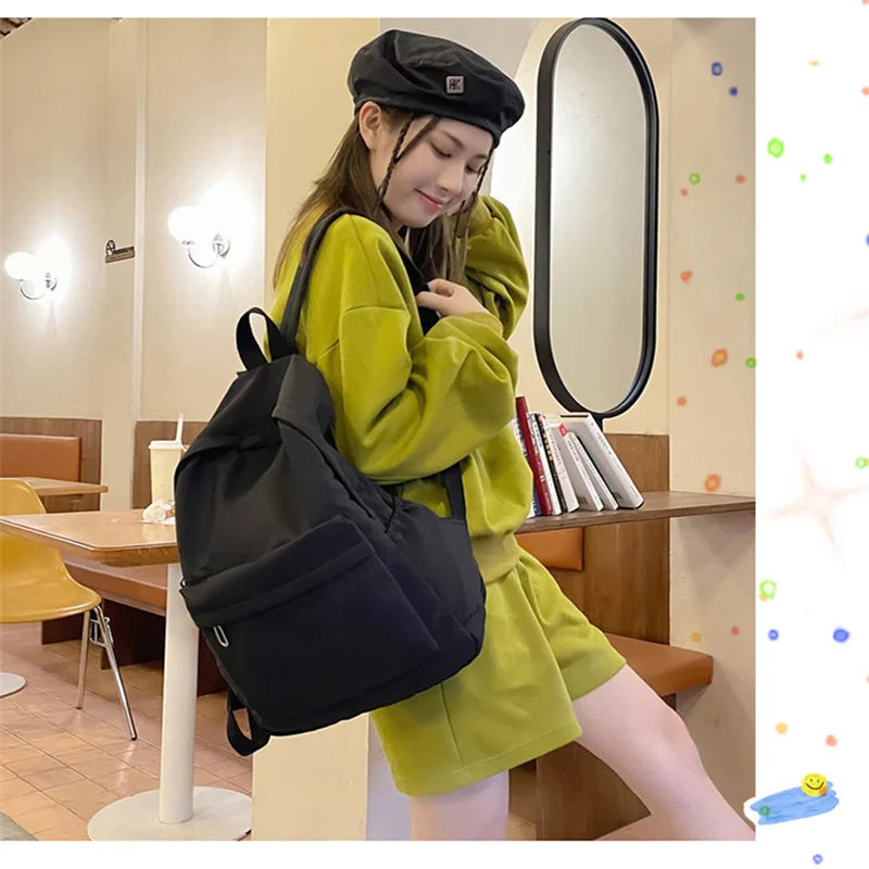 Simple Solid Color Backpack Women 2024 Waterproof Nylon School Bags For Teenager Girls Bookbag Lady Travel Backbag Shoulder Bag