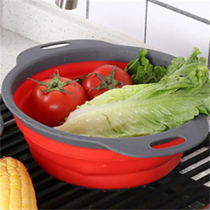 2024 Silicone Round Folding Vegetable Fruits Washing Drain Basket Colander Strainer Collapsible Drainer Kitchen Tool