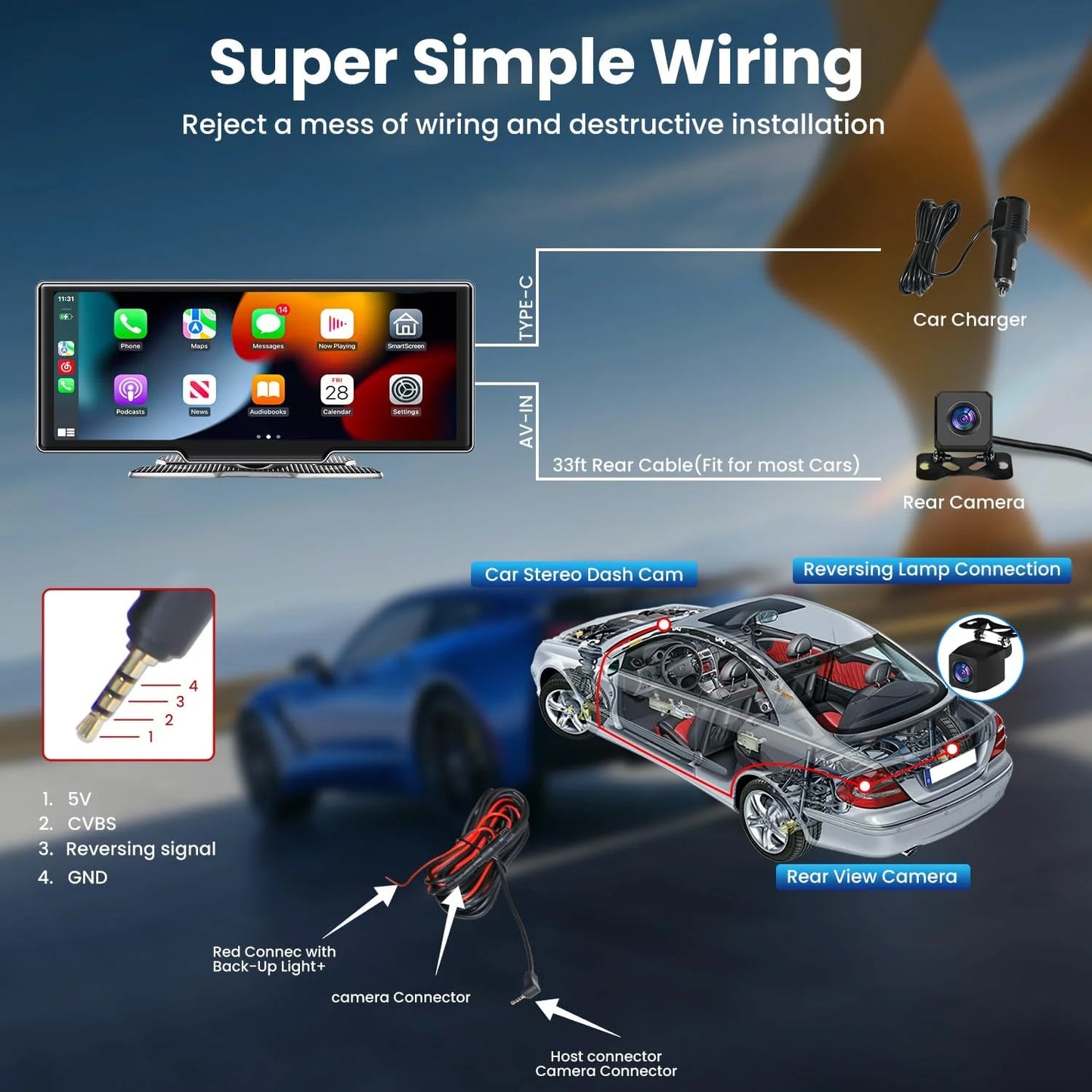 Jansite 10.26" 4K DVR Wireless CarPlay & Android Auto Dash Cam GPS Navigation 24h Park Monitor Night Vision Rear View Mirror