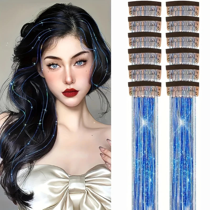 12pcs Per Pack of BB Hair Clips,Shiny Metallic Hair Extensions with Clips,Synthetic Hair, Sparkling Hair Accessories for Women