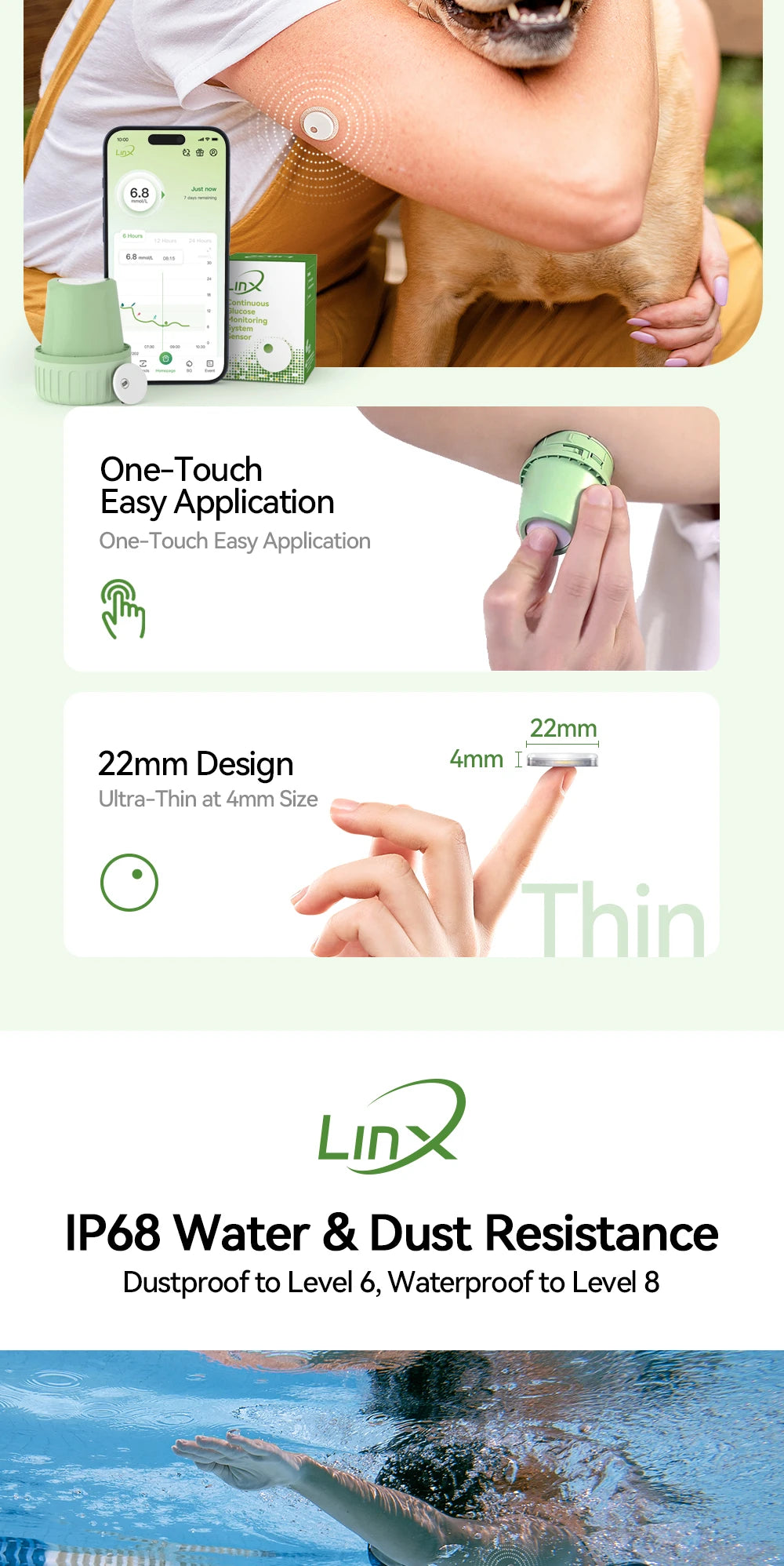 MicroTech LinX Dynamic Blood Glucose Monitor CGM Sensor Continuous Glucose Monitoring Diabetes Blood Glucose Tester 24Hx15Days