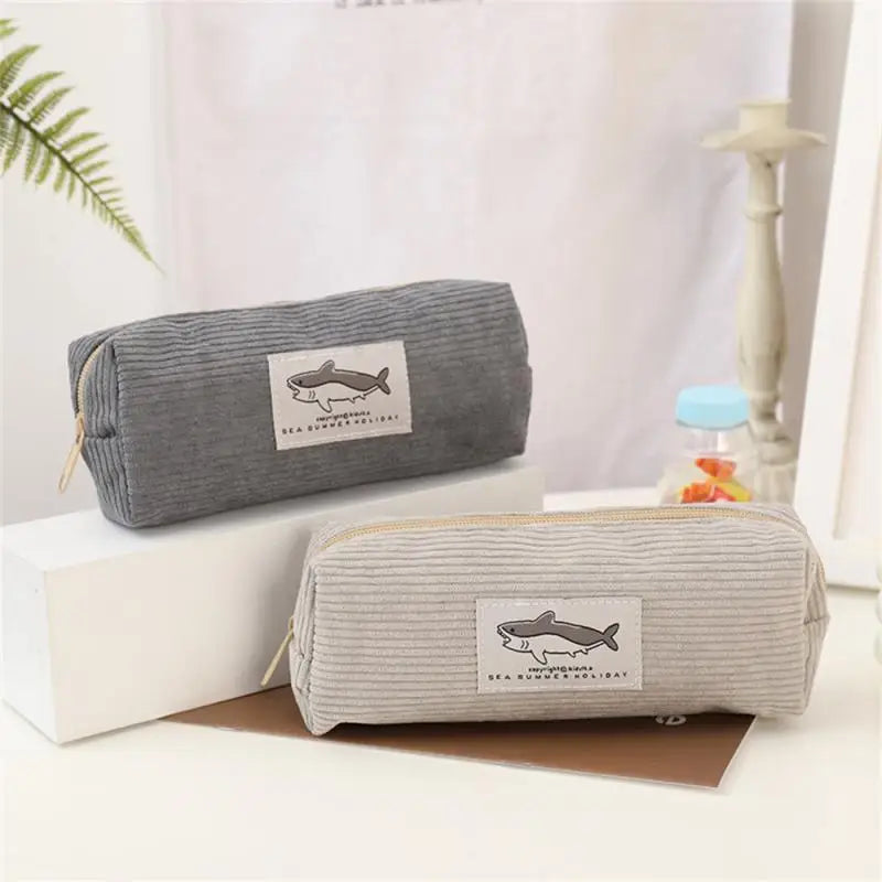 Shark Pencil Case Corduroy Large Capacity High Quality Zipper Kawaii High-quality Corduroy Pen Bag School Pencil Pouch About 35g