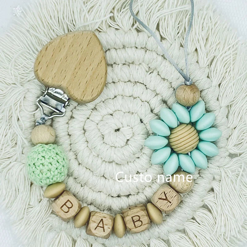 Custom Name Silicone Beads Wooden Ring Pacifier Clips Safe Teething Chains Baby Teether Eco-friendly Dummy Beech Clips Holder