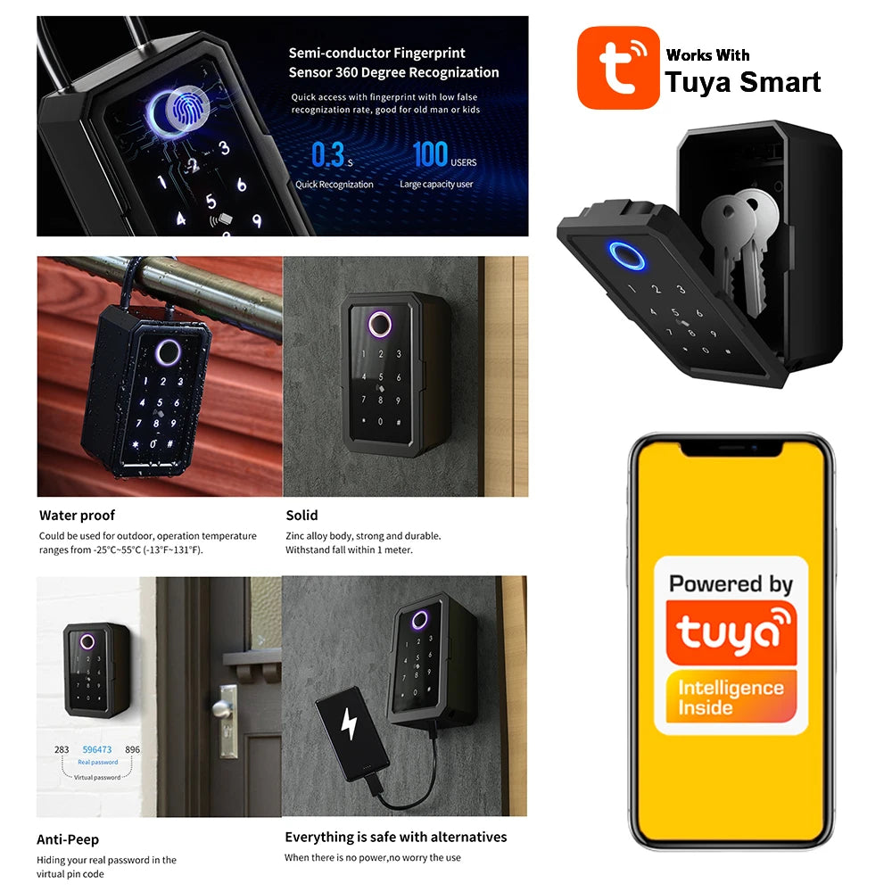 Tuya Smart Key Box Fingerprint Safe Storage Lock Key Digital Security Lockbox Combination Code IC Card Unlock Door Airbnb Rental