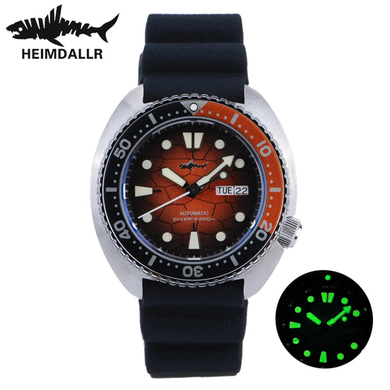 HEIMDALLR Turtle King Mens Diver Mechanica Watch Sapphire 200m Water Resistant  316L Steel C3 BGW9 Luminous NH36 Automatic Watch