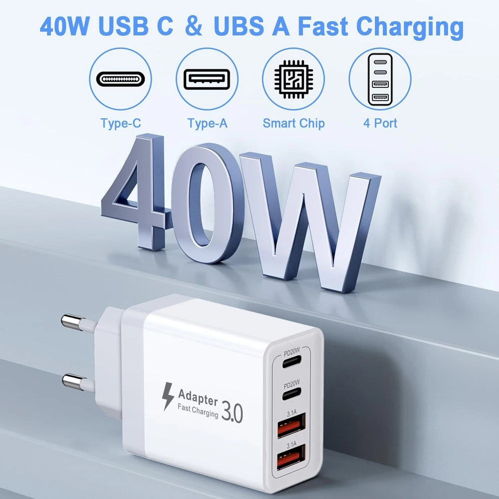 40W USB C Charger Fast Charging Head EU US Plug 4 Ports Quick Charge Phone Adapter For iPhone 15 14 Xiaomi Samgsung Wall Charger