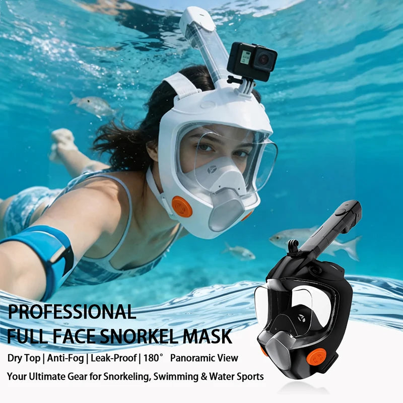 Full Face Snorkel Mask 180° Panoramic View Dry Top Snorkel Anti-Fog Leak-Proof Safe Breathing Swimming Diving Gear for Adults