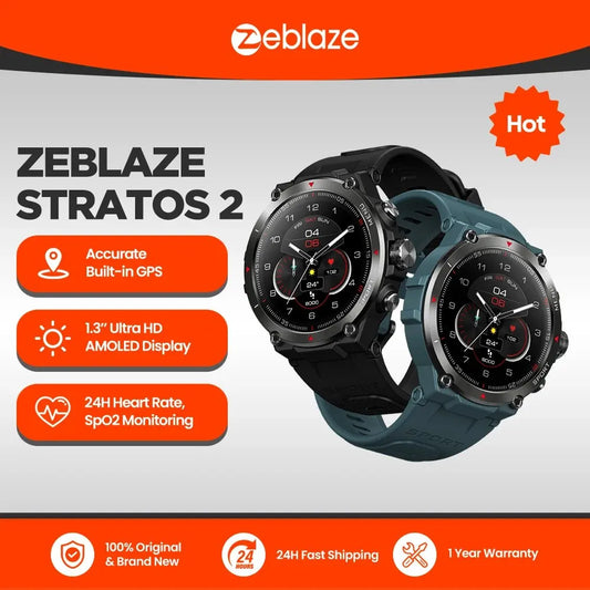 Zeblaze Stratos 2 GPS Smart Watch AMOLED Display 24h Health Monitor 5 ATM Long Battery Life Smartwatch for Men