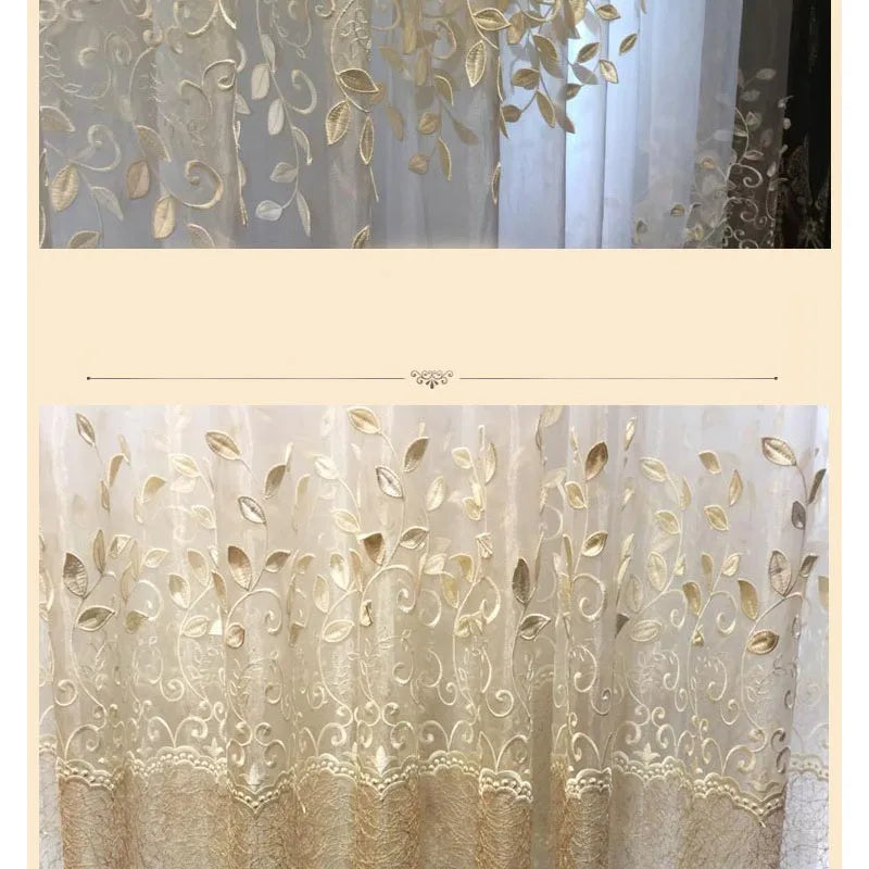 High Precision Embroidered Gauze Curtain with Embossed Leaves Curtains for Living Dining Room Bedroom