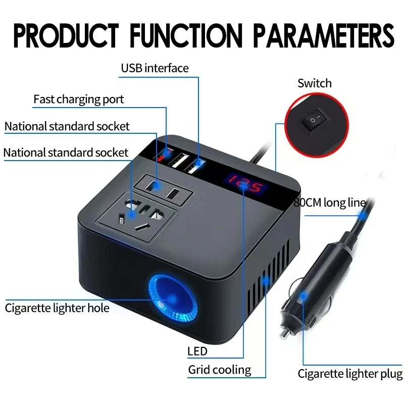 Car Inverter DC12V/24V to DC110V/220V 150W Peak LED Display Sockets Power Inverter Adapters Fast Charging Automobiles Inverters