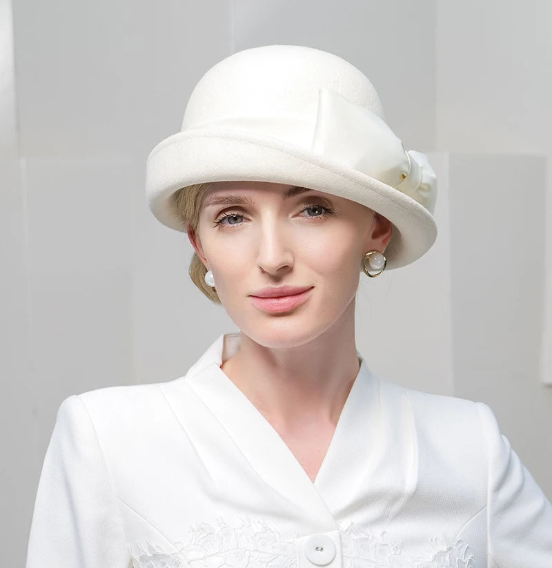 Wool Felt Fedoras Hats for Women Ladies White Black Elegant Curl Brim Top Hat for Wedding Bride Formal Church Cocktail Tea Party