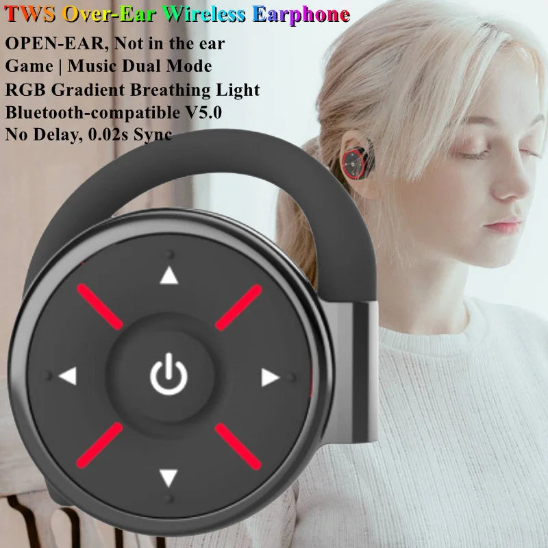 TWS Over-Ear Wireless Headphone Bluetooth-Compatible V5.0 Lossless Sound Ear Hook Earphone Game/Music Dual Mode Open-Ear Headset