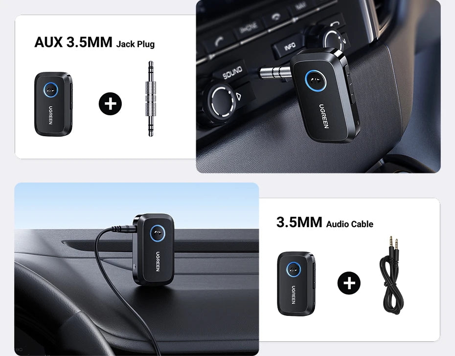UGREEN Bluetooth Car Receiver Adapter 3.5mm AUX Jacks for Car Speakers Audio Music Receiver Hands Free Bluetooth 5.3 Adapter