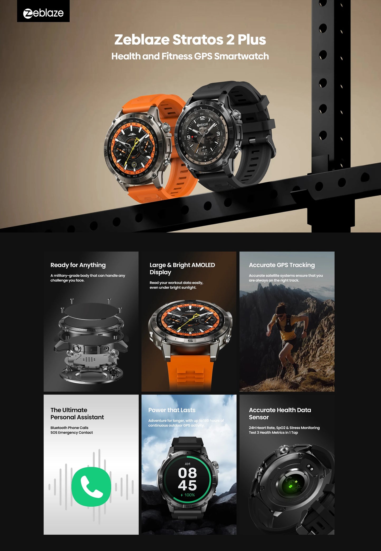 Zeblaze Stratos 2 Plus GPS Sports Smart Watch Built-in Compass Barometric Altimeter 1.43'' AMOLED Display Voice Call Smartwatch