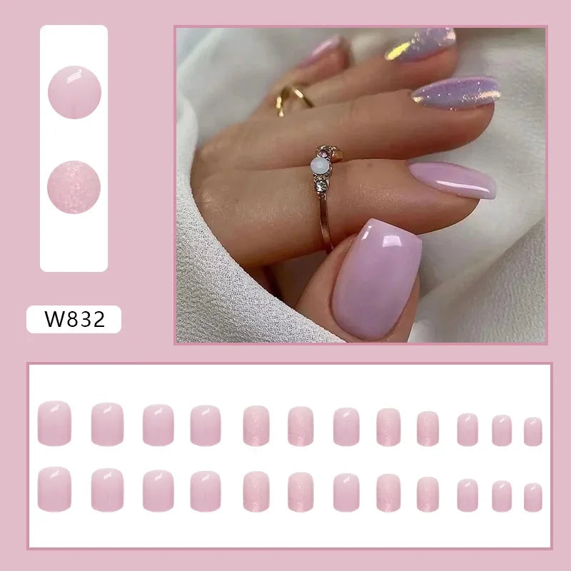 Gold Pink Wine Red 24 Pcs Fake Nail with Jelly sticker Press on False Nails Wearable Round Head Oval Full Cover Nail Tips