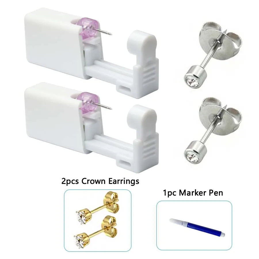 2PCS Disposable Ear Piercing Gun with Built-in Ear Studs & 2pcs Cubic Zirconia Earrings-For Home Use Ear Piercing Kit