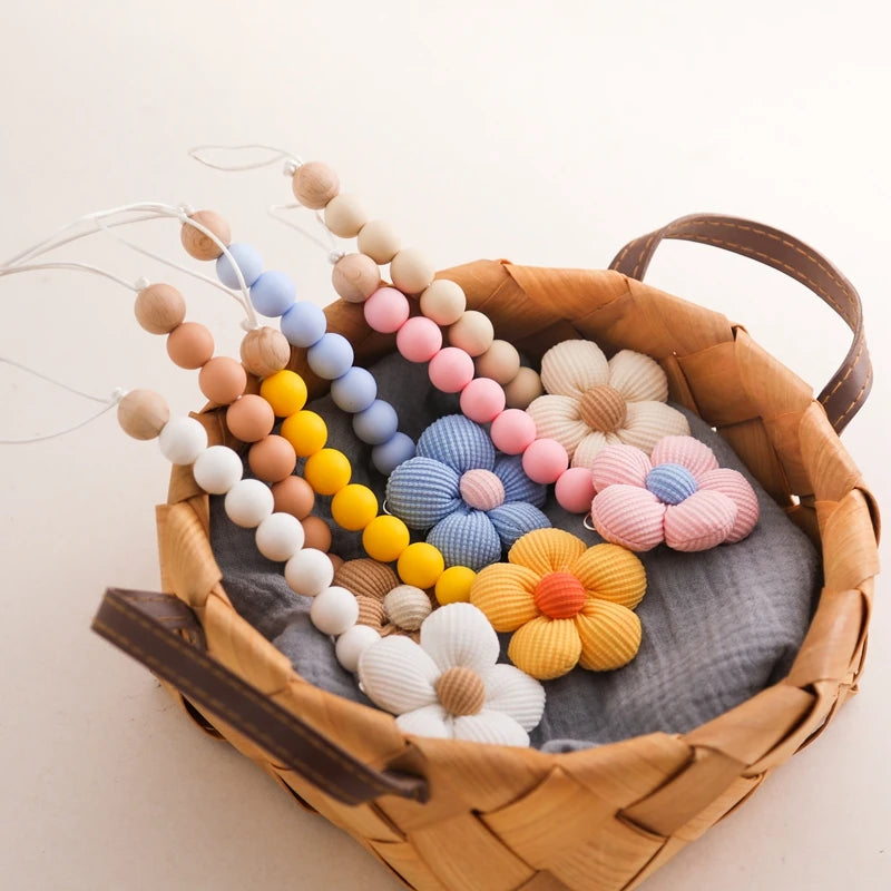 Baby Pacifier Chain Flower Shape Beech Wood Removable Clip For Handmade Baby Nipple Soother Chain Teething Toys Baby Accessories