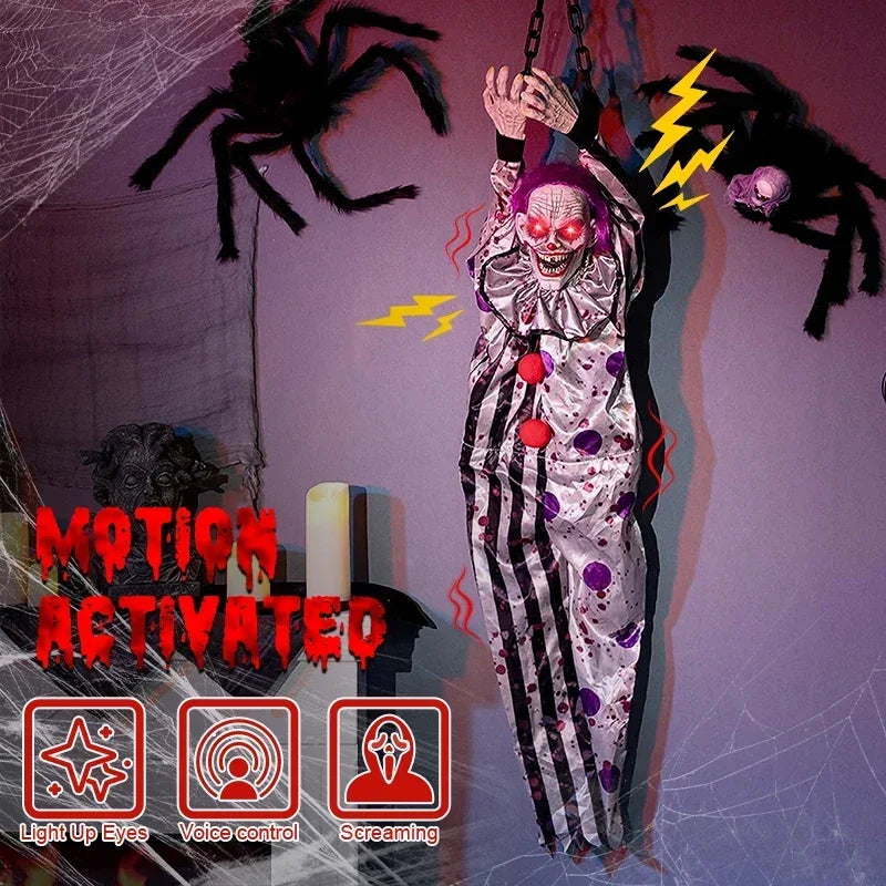 Halloween Hanging Animated Decorations Talking Shaking Scary Clown with Chain Voice Control Outdoor Yard Haunted House Prop