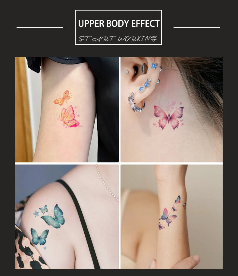 6pcs Glitter Gradient Dreamy Butterfly Waterproof Temporary Tattoo, Long-Lasting Waterproof, Realistic Fake Tattoo
