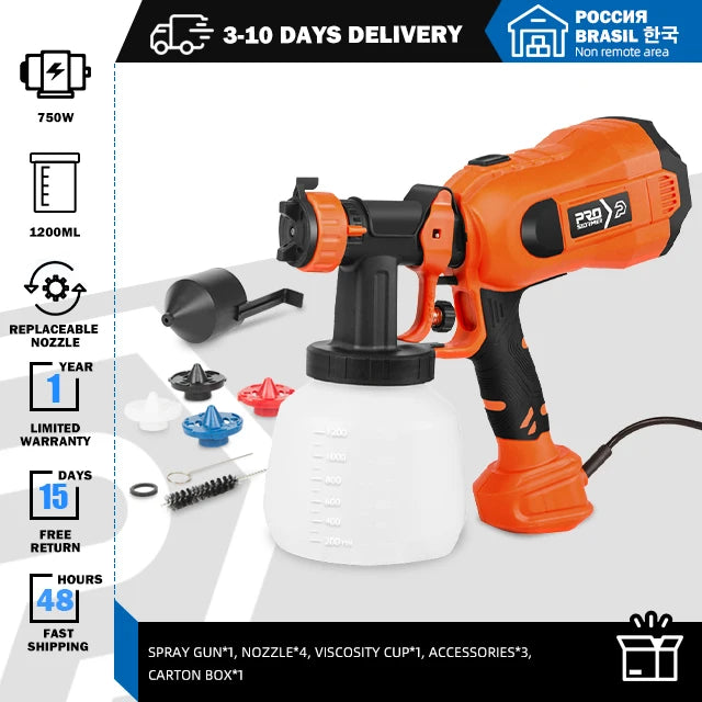 750W Electric Spray Gun 4 Nozzle Sizes 1200ml HVLP Household Paint Sprayer Flow Control Easy Spraying by PROSTORMER