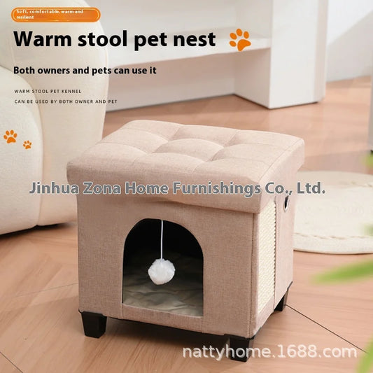 Multi Functional Cat Bed with Wooden Legs Foldable Pet Stool for Sitting
