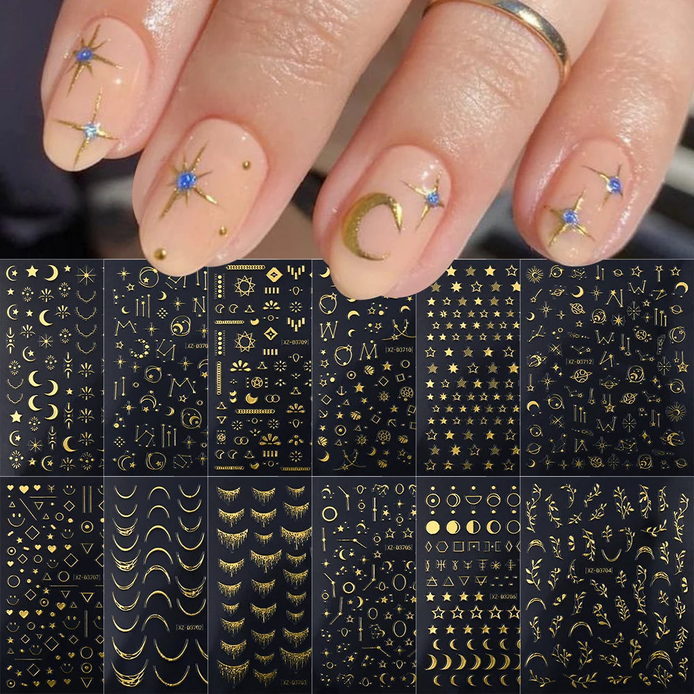 12Pcs Gold/Silver Tasse/Line/Star/Moon 3D Nail Art Stickers Leaf/Geometric Design Self-adhesive Sliders Luxury Manicure Decals