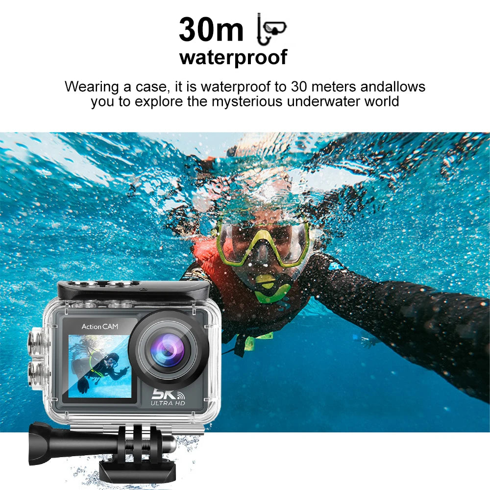 5K Action Camera 4K60FPS Dual IPS Touch LCD WiFi 170° DVR Action Cam 30M Waterproof 5X Zoom Sports Camera With Remote Control