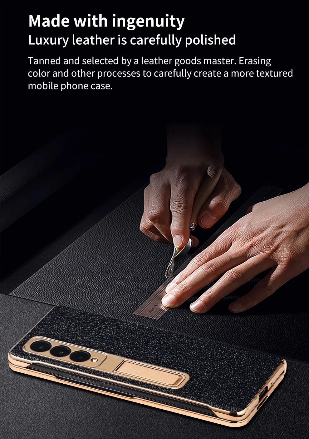 LANGSIDI Leather Case for Samsung Galaxy Z Fold 7 6 5 4 3 Fold6 Fold7 Gold Plating Magnetic Hinge Stand Cover with Mirror Film