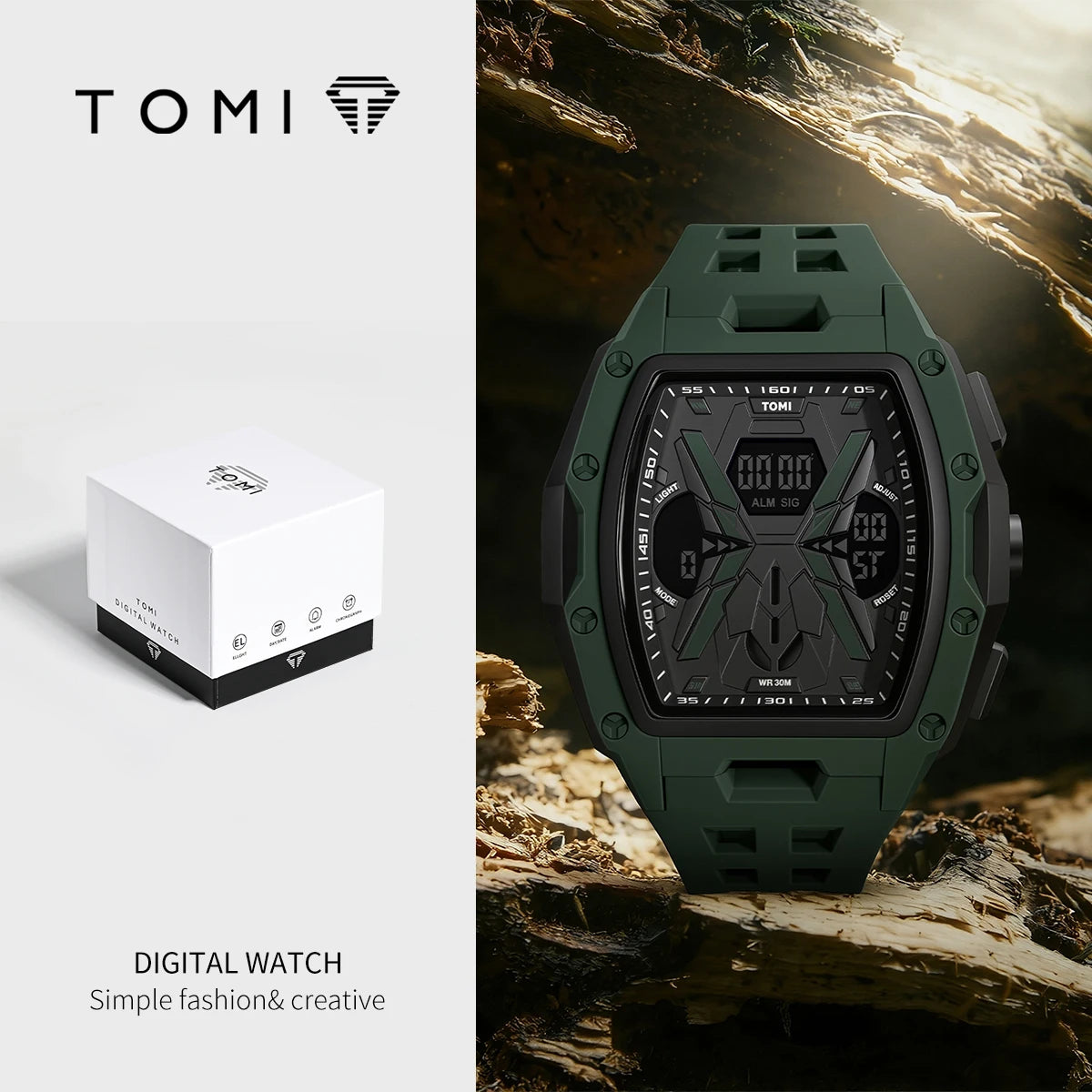 TOMI  Sports Men Mecha Dual Display Watch, Analog Digital Dual Dial, Backlight Alarm Stopwatch, Hollow Breathable Silicone Strap