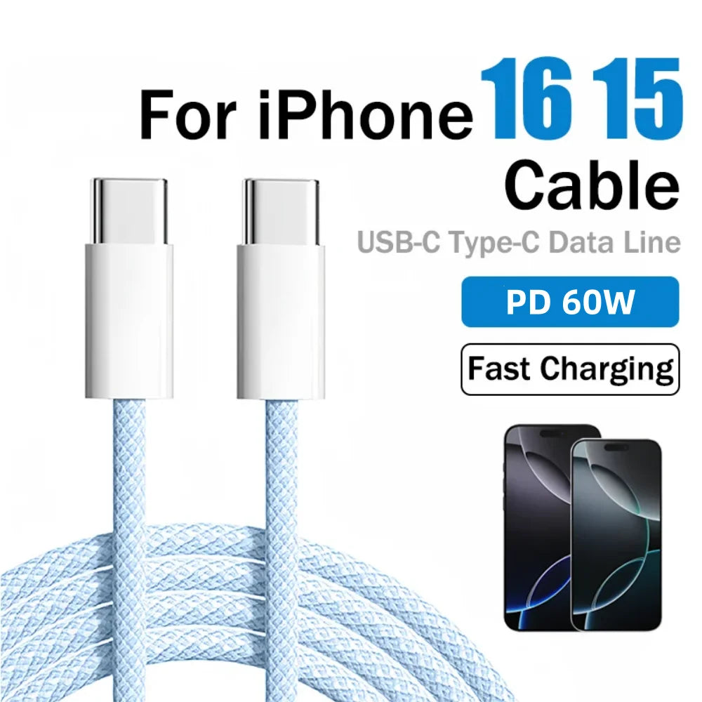 USB C to Type C Fast Charging PD 60W Mobile Phone Date Cable For Iphone16 15 Android Samsung Huawei Type C Braided Charger Cable