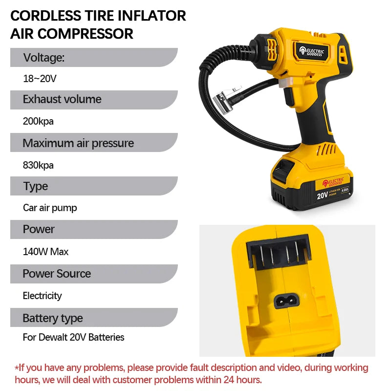 830kpa Cordless Yellow Air Pump Car Tire Air Pump Digital Display Equipped With Led Light For Dewalt 20v Battery
