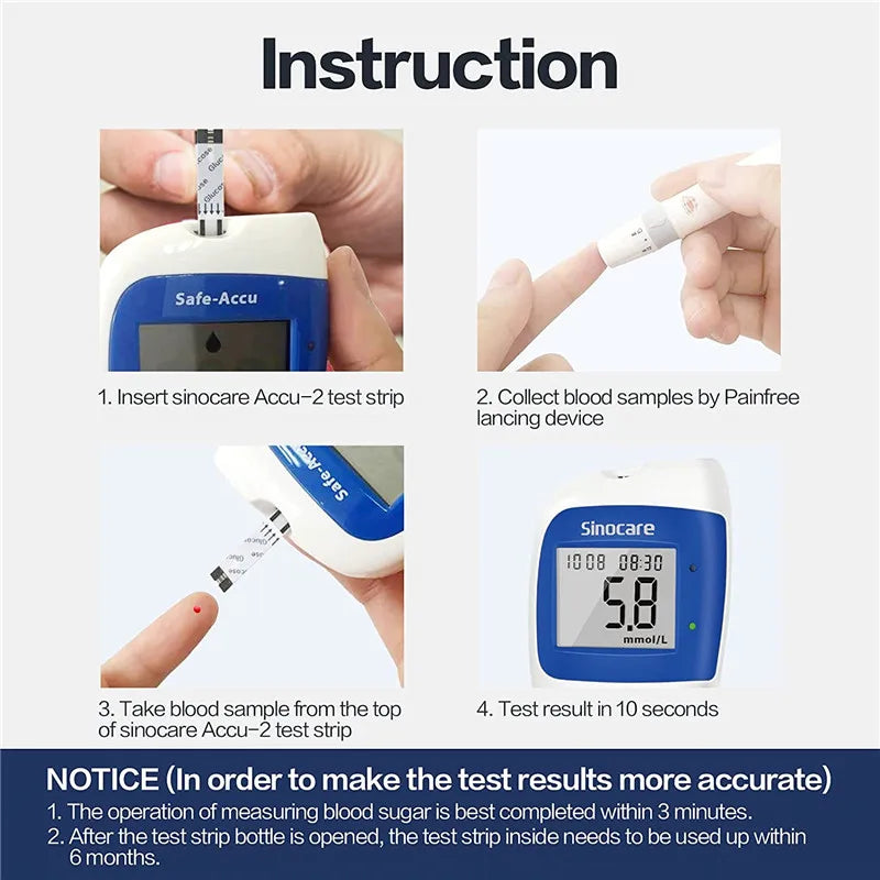 Sinocare Safe ACCU2 Blood Glucose Meter with Test Strips Glucometer Kit for Diabetes Home Blood Sugar Monitor for Diabetic (CE)