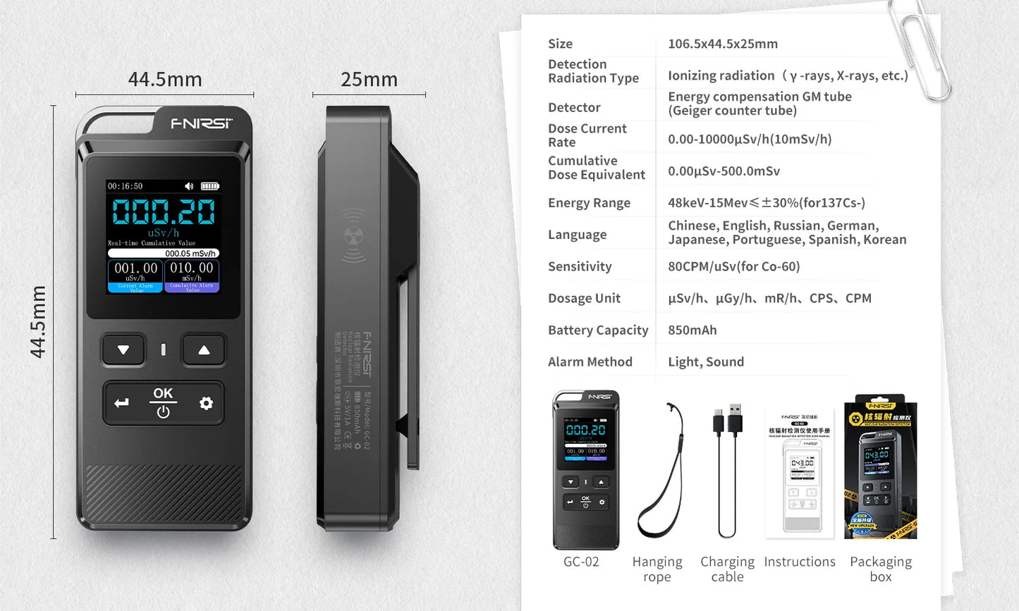 FNIRSI GC-02 Geiger Counter Nuclear Radiation Detector Personal Dosimeter X-ray γ-ray Radioactivity Tester Marble Detector