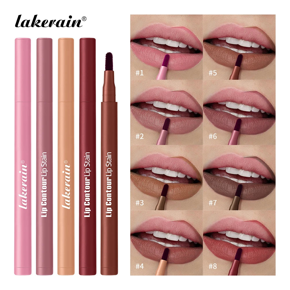 2-in-1 Lip Contour Lip Stain Pen Smudge-proof Non-stick Cup Moisturizing Lip Makeup Cosmetic Dual-Sided Tip Lip Stain & Liner