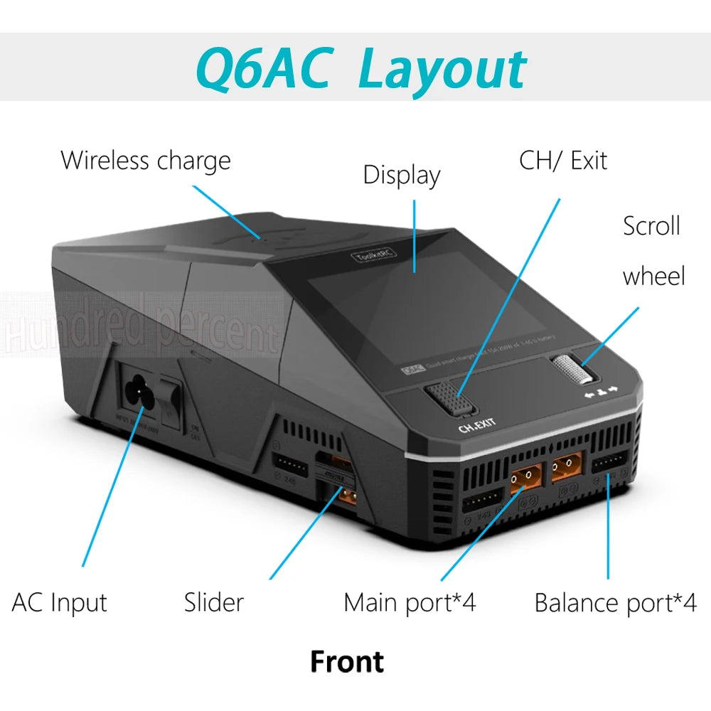 ToolkitRC Q6AC Charger AC 400W/DC 1000W 4CH output Built-in 65W USB A/TYPEC Output ,LiPo, 1-6S，NiMH 1-16S,PB 1-10S Charger IPS