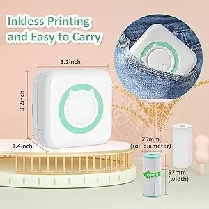 Mini Thermal Printer Portable Wireless Bluetooth Inkless Printer with 3 Rolls Sticker 3 Rolls Thermal Paper for Memo DIY