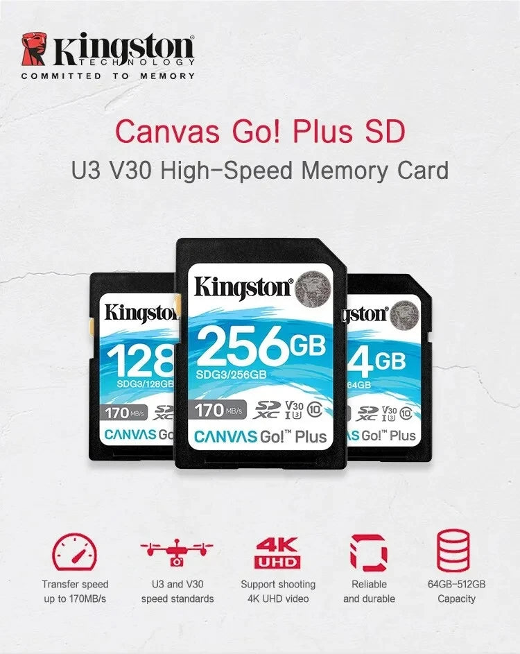 Kingston High Speed 4K SD Card 64GB 128GB 256GB 512GB Memory Card Up to 170MB/s Read V30 U3 Flash Card C10 for Camera