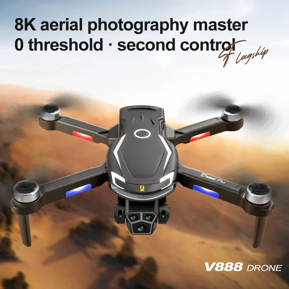 New V888 Brushless Drone 8K Professional HD Triple Camera Obstacle Avoidance No GPS Optical Flow Positioning RC Quadcopter Toys