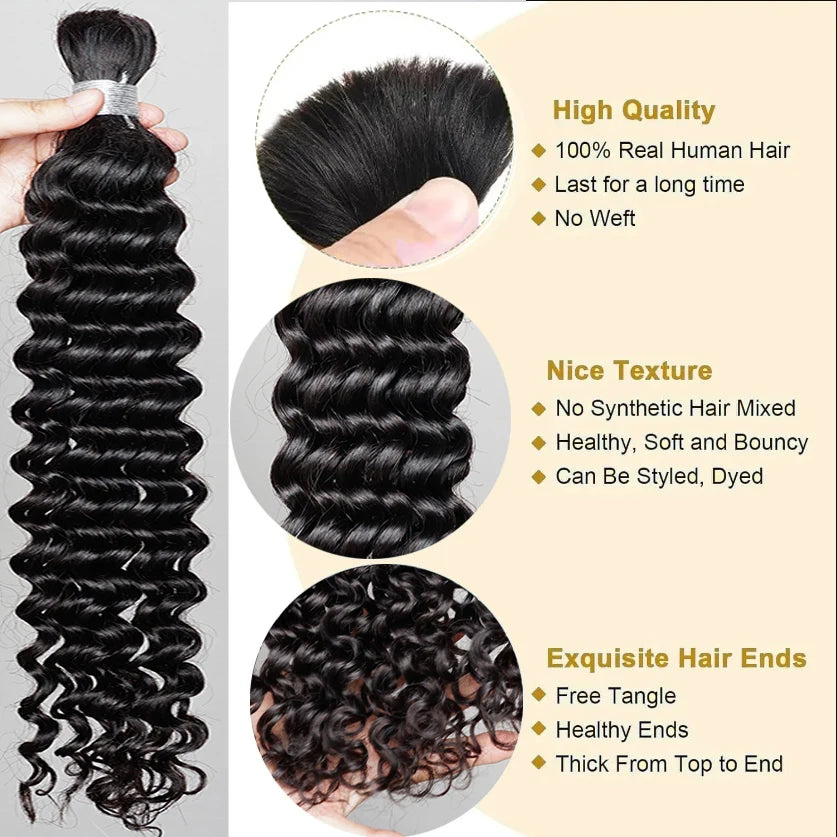 100% Human Hair Bulk for Braiding 1 Bundle Deep Wave Curly Natural Black Indian Remy Boho Braids Hair Bulk Extension Bobbi