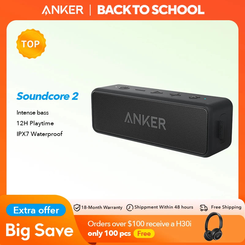 Anker Soundcore 2 Portable Wireless Bluetooth Speaker Better Bass 24-Hour Playtime 66ft Bluetooth Range IPX7 Water Resistance