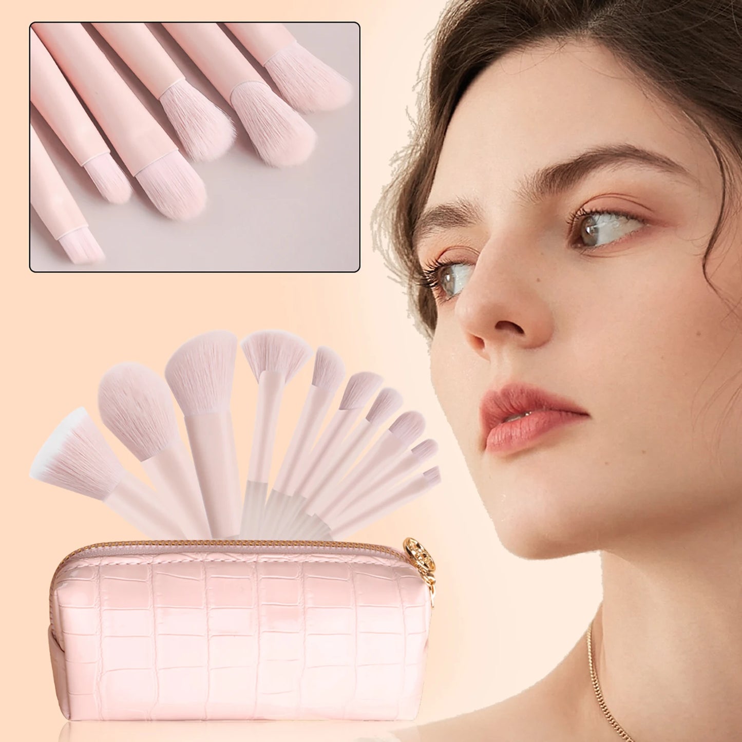 10 mini transparent handle brushes+crocodile patterned bag makeup brush Travel portable Makeup Tool Professional with bag