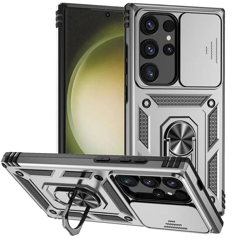 Armor Magnetic Bracket Case for Samsung S25 S24 S23 S22 S21 S20 Note 20 Ultra S10 Plus Slide Camera Protection Shockproof Cover