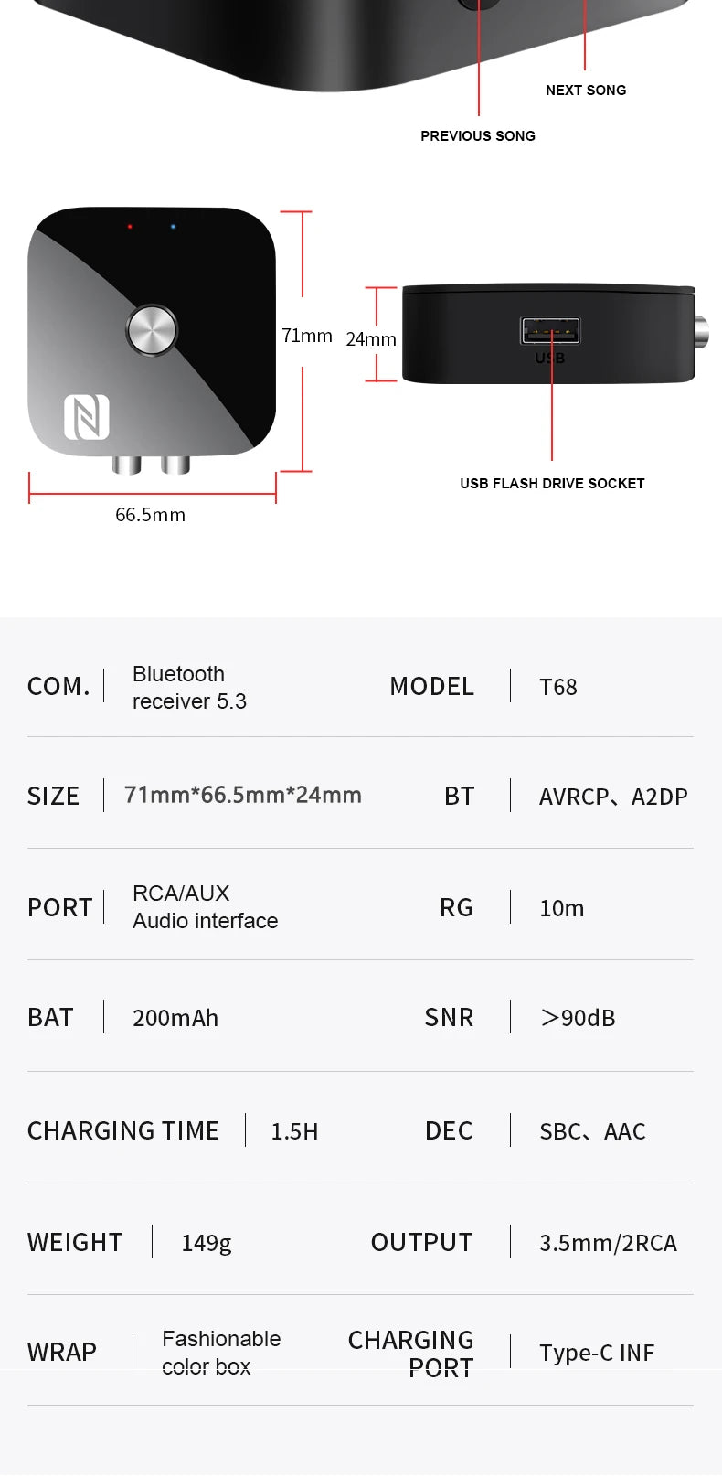 Bluetooth5.3 Wireless Adapter USB/RCA/3.5mmAUX Audio Receiver NFC Connection With Remote Control For Car Kit Speakers Headset