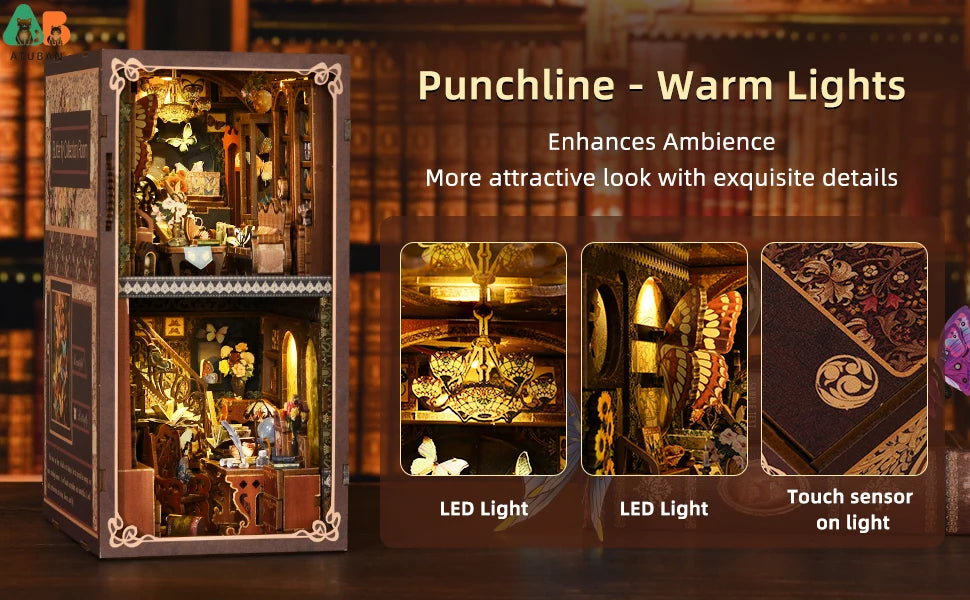 ATUBAN DIY Book Nook Kit, 3D Wooden Puzzle Miniature Dollhouse, Booknook Kit Bookend Bookshelf Insert Decor with LED Light