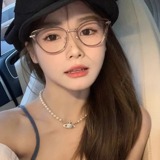 Ins Cat Eye Presbyopia Glasses Cold Tea Color HD Anti Blue Light Glasses Frame Advanced Plain Whitening Glasses