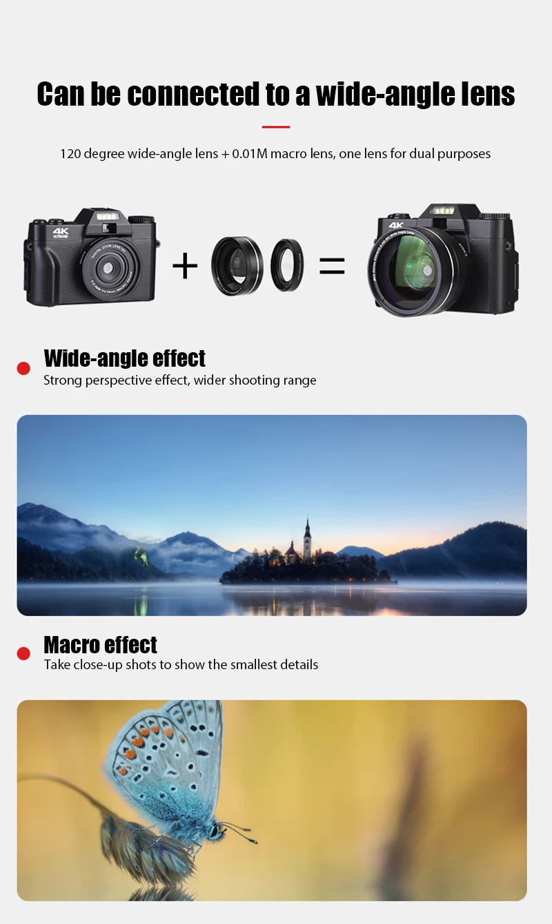 4K HD Professional Digital Camera Camcorder WIFI Webcam Wide Angle 16X Digital Zoom 48MP Photography 3 Inch Flip Screen Recorder