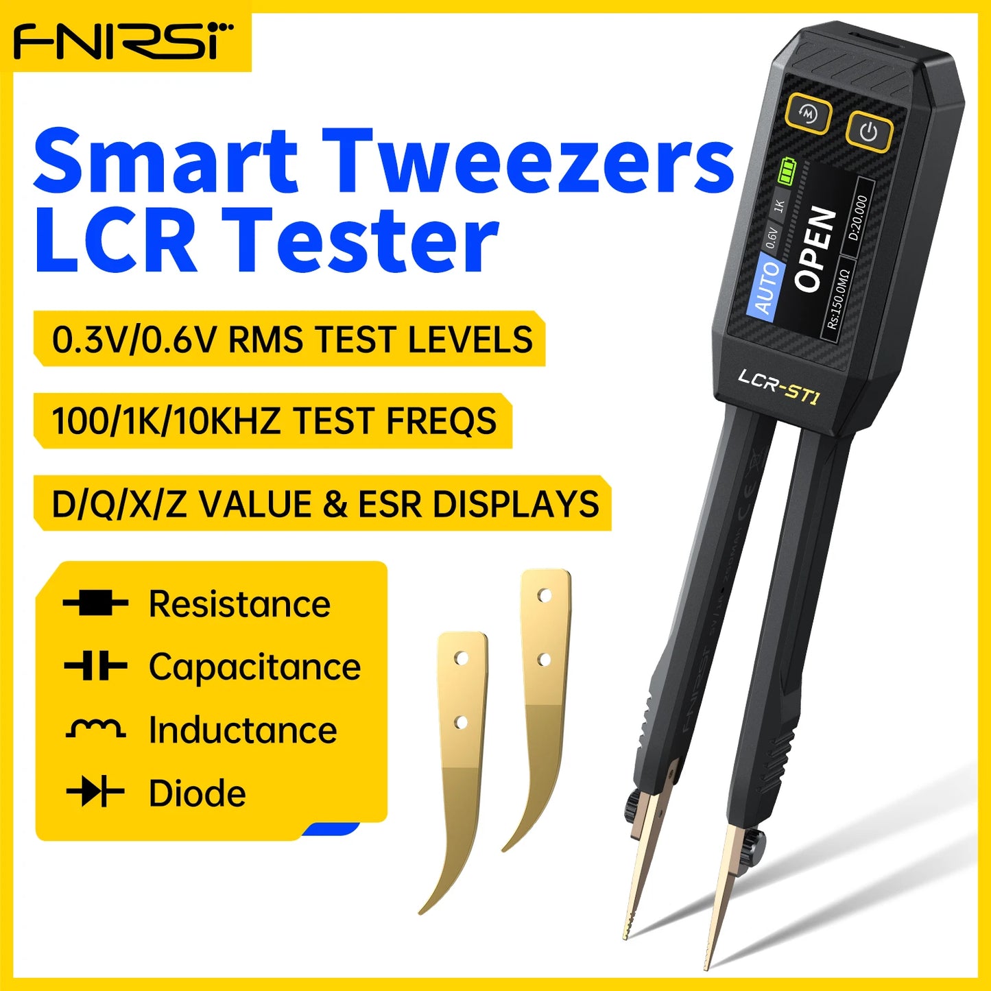 FNIRSI LCR-ST1 Mini Smart Tweezer LCR SMD ESR Tester Resistance Capacitance Inductance Continuity Diode Test Measurement Tools