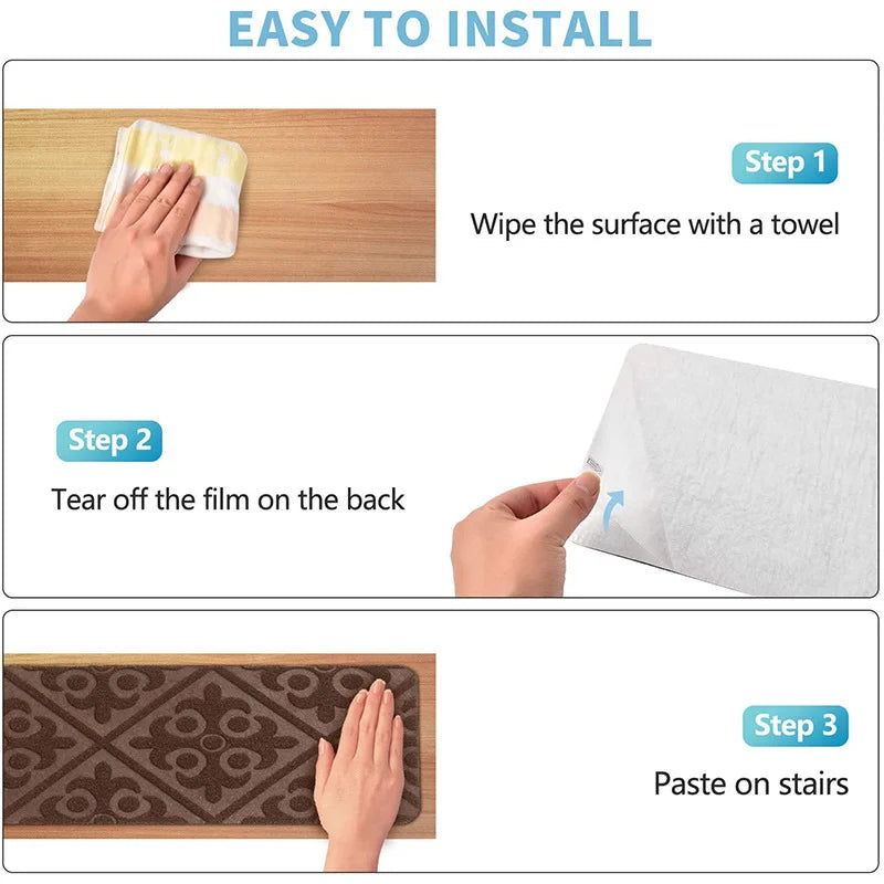 6/12pcs 20x76cm Soft Stair Stepping Mat Pattern Self-adhesive Non-slip Water Absorption Stair Carpet Mat Mute Protector Rug