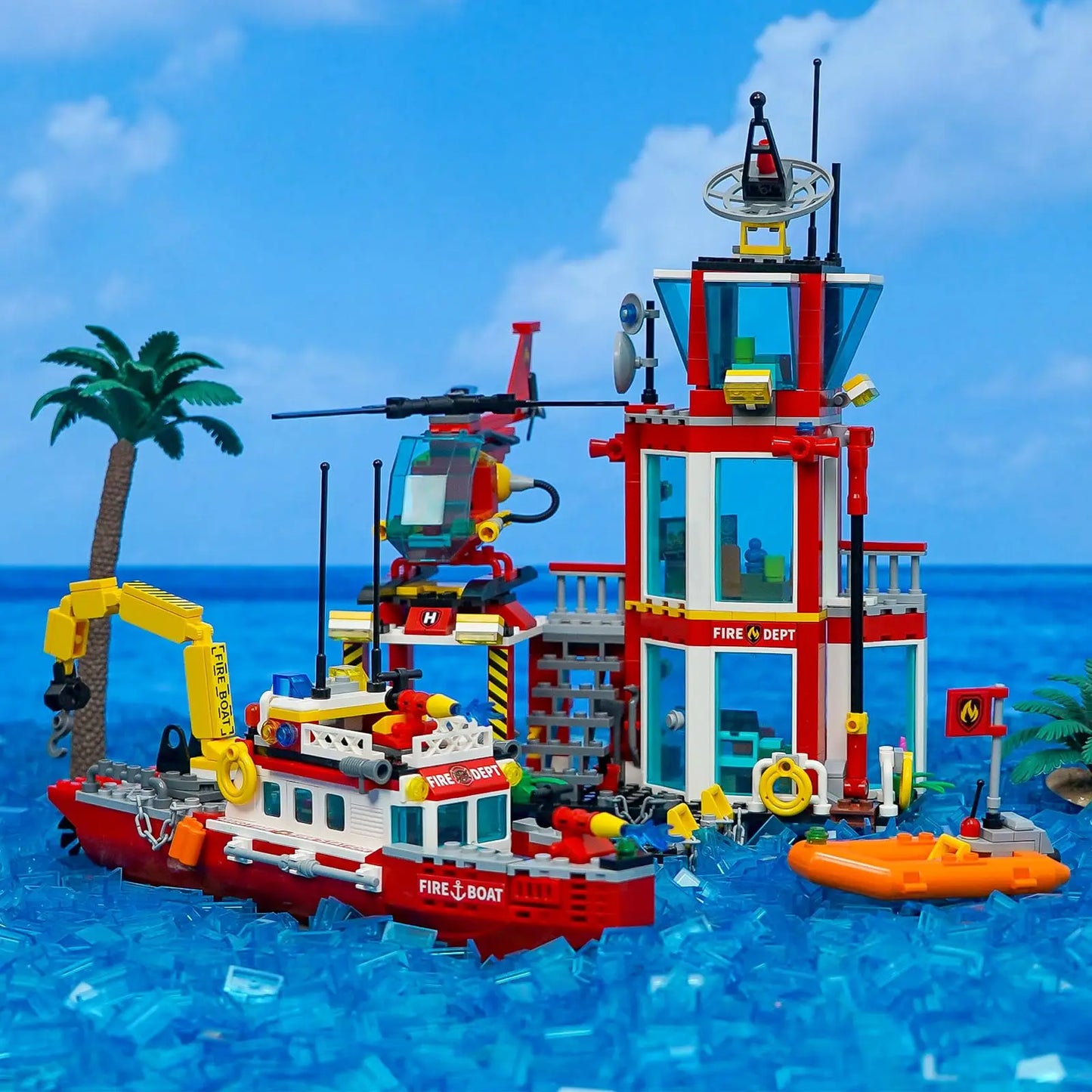 City Oceans Fire Station Building Kit fire Station Set with Fire Station/Fire Helicopter/Fire Ship/Rescue Boat, Gifts for Boys
